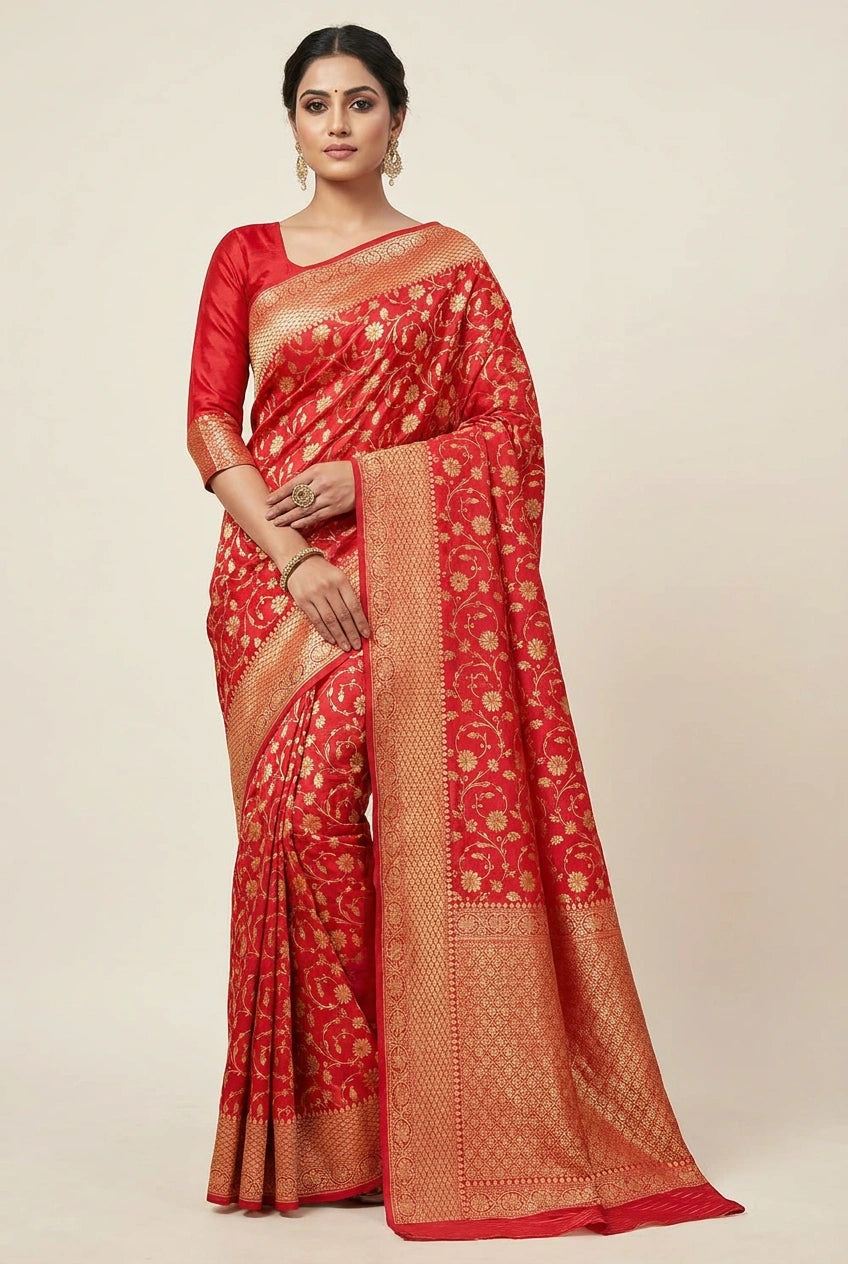 Woman wearing a red saree with gold patterns on a beige background