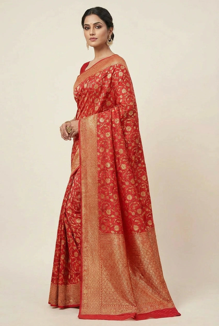 Woman wearing a red saree with gold patterns on a beige background