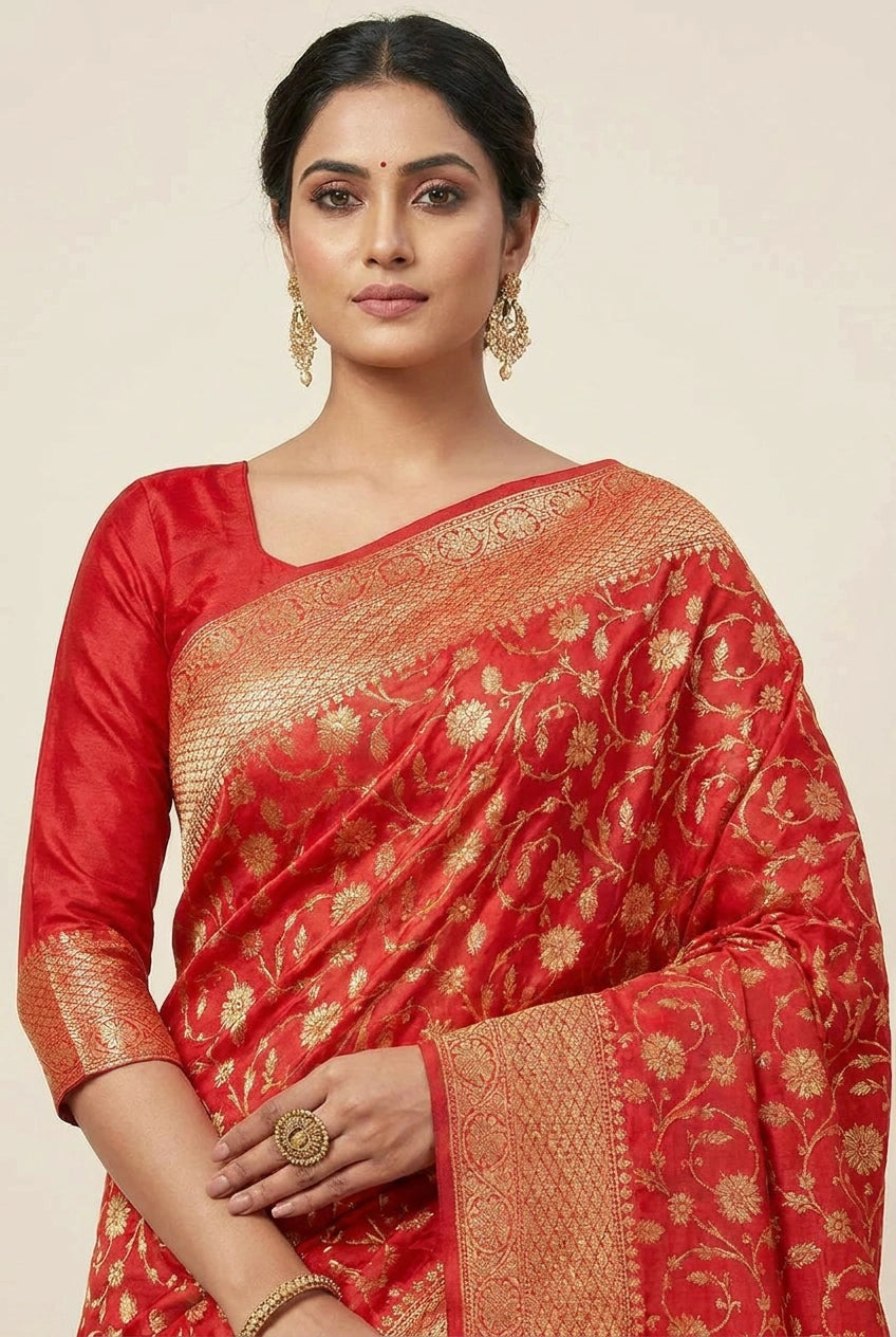 Woman wearing a red saree with gold patterns on a beige background