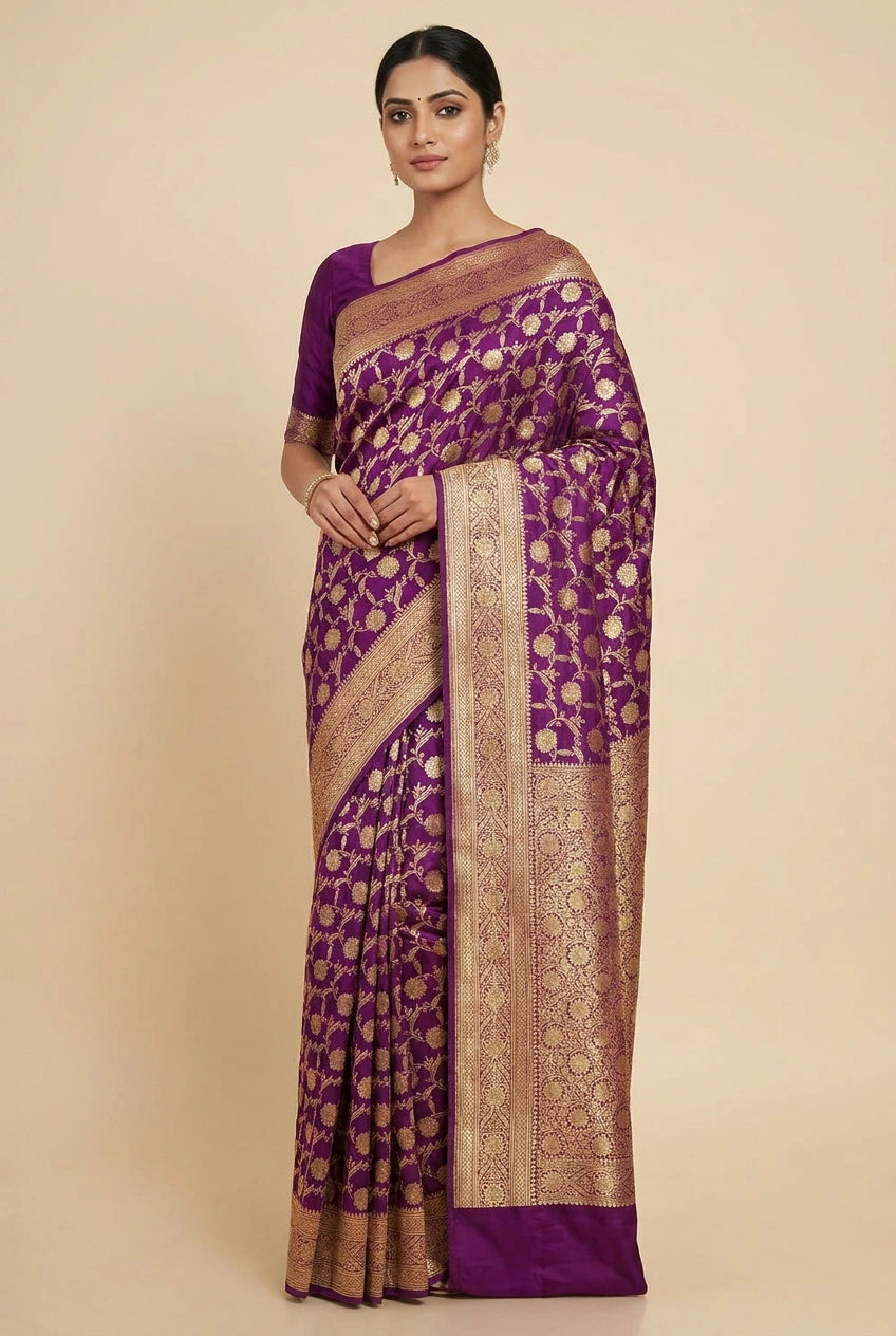 Woman wearing a purple and gold saree on a beige background