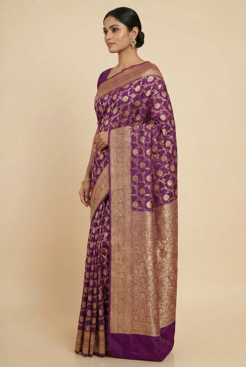 Woman wearing a purple and gold saree against a beige background