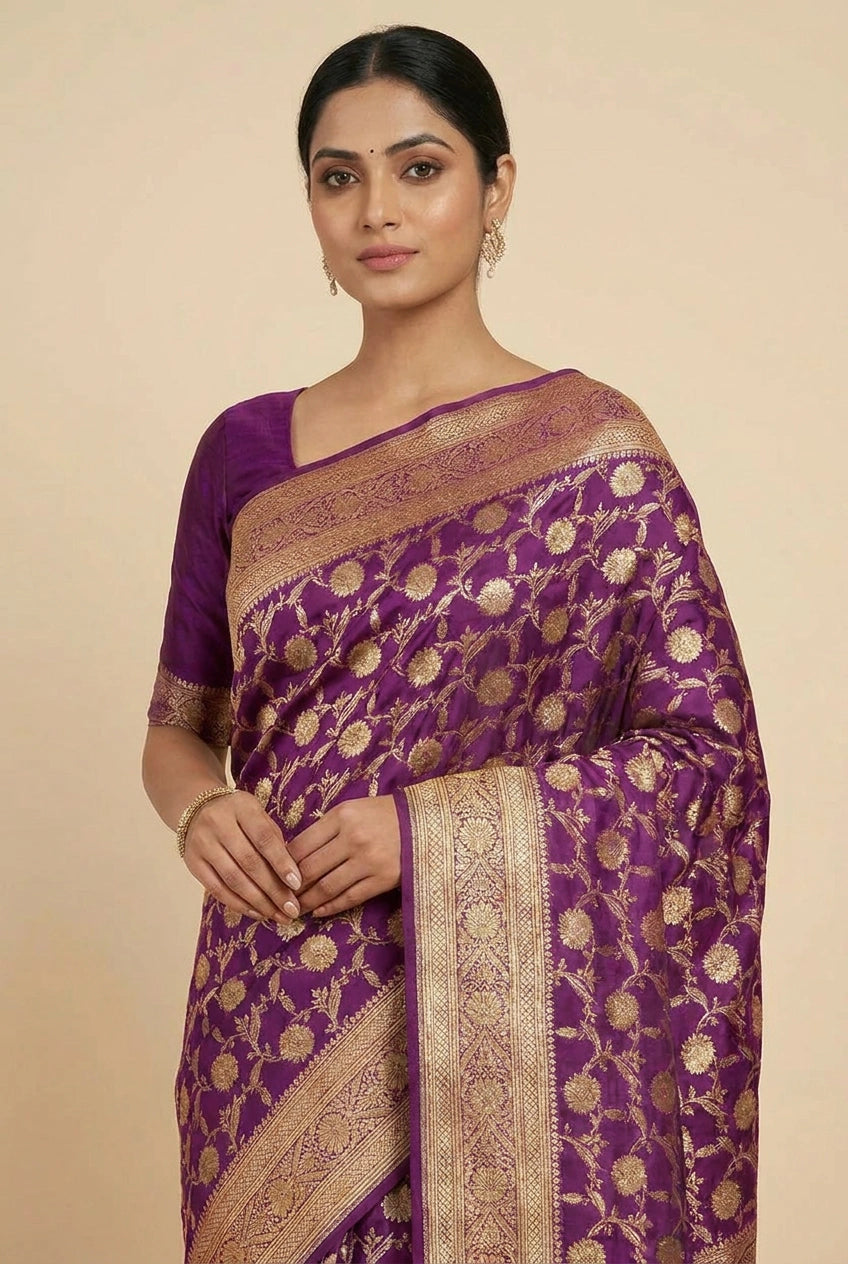 Woman wearing a purple saree with gold patterns on a beige background