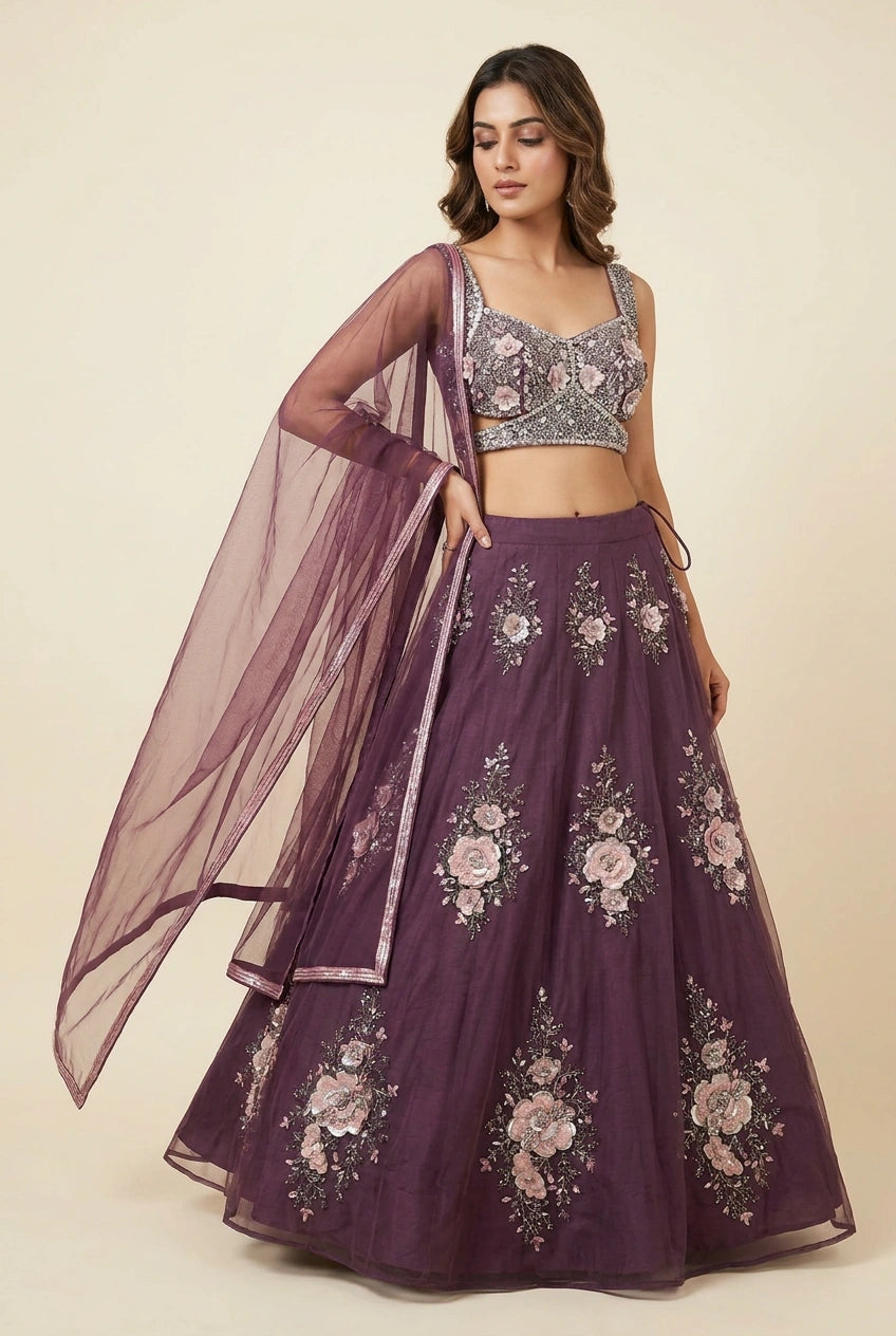Wine Net Lehenga Set with Mukaish Work for Sangeet Floor