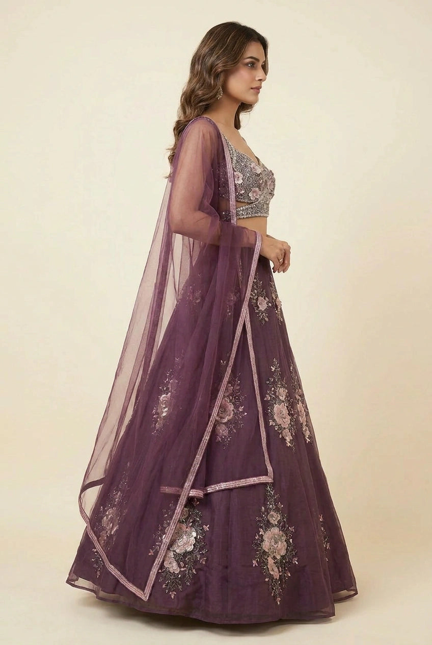 Wine Net Lehenga Set with Mukaish Work for Sangeet Floor