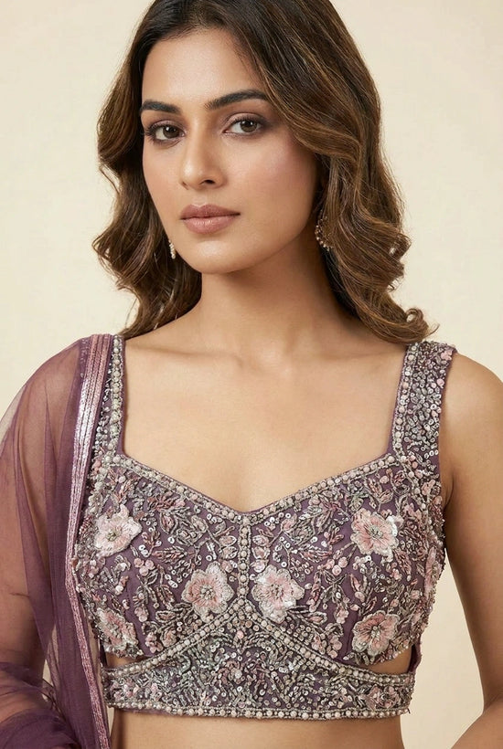 Wine Net Lehenga Set with Mukaish Work for Sangeet Floor