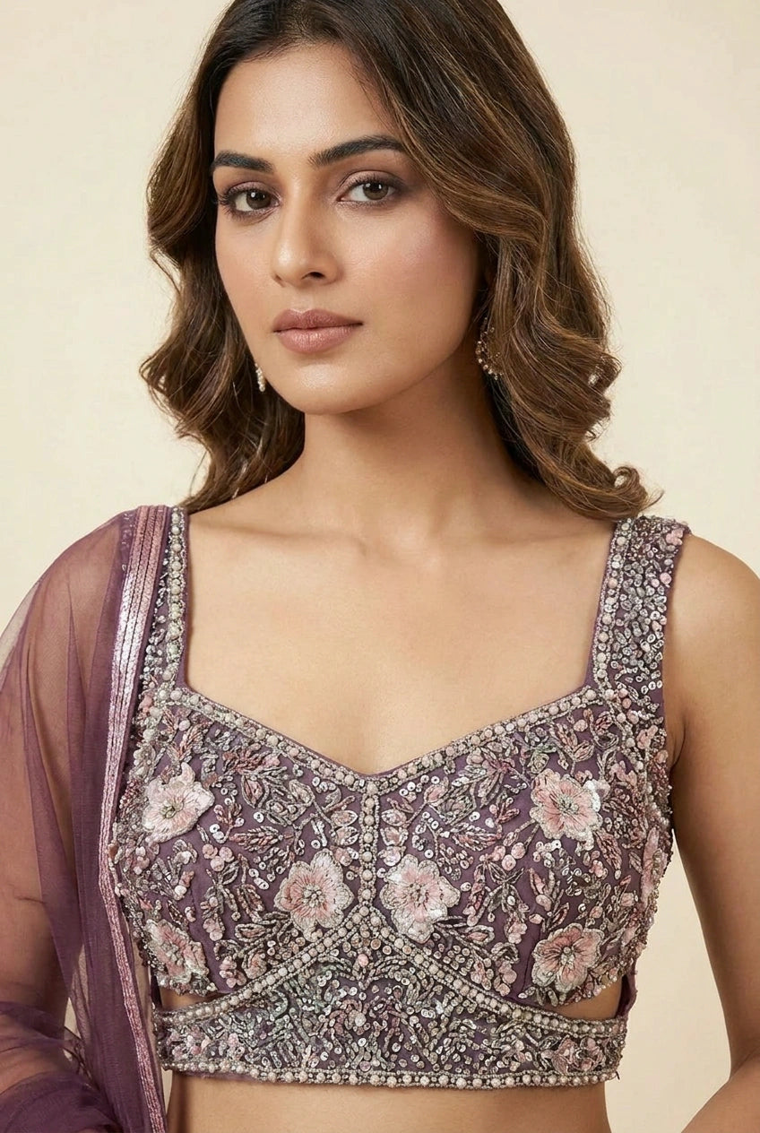 Wine Net Lehenga Set with Mukaish Work for Sangeet Floor