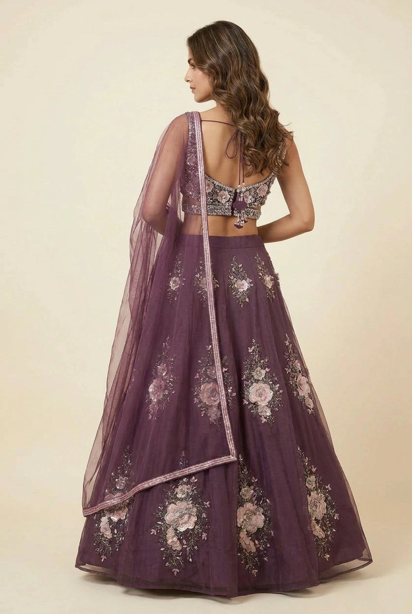 Wine Net Lehenga Set with Mukaish Work for Sangeet Floor