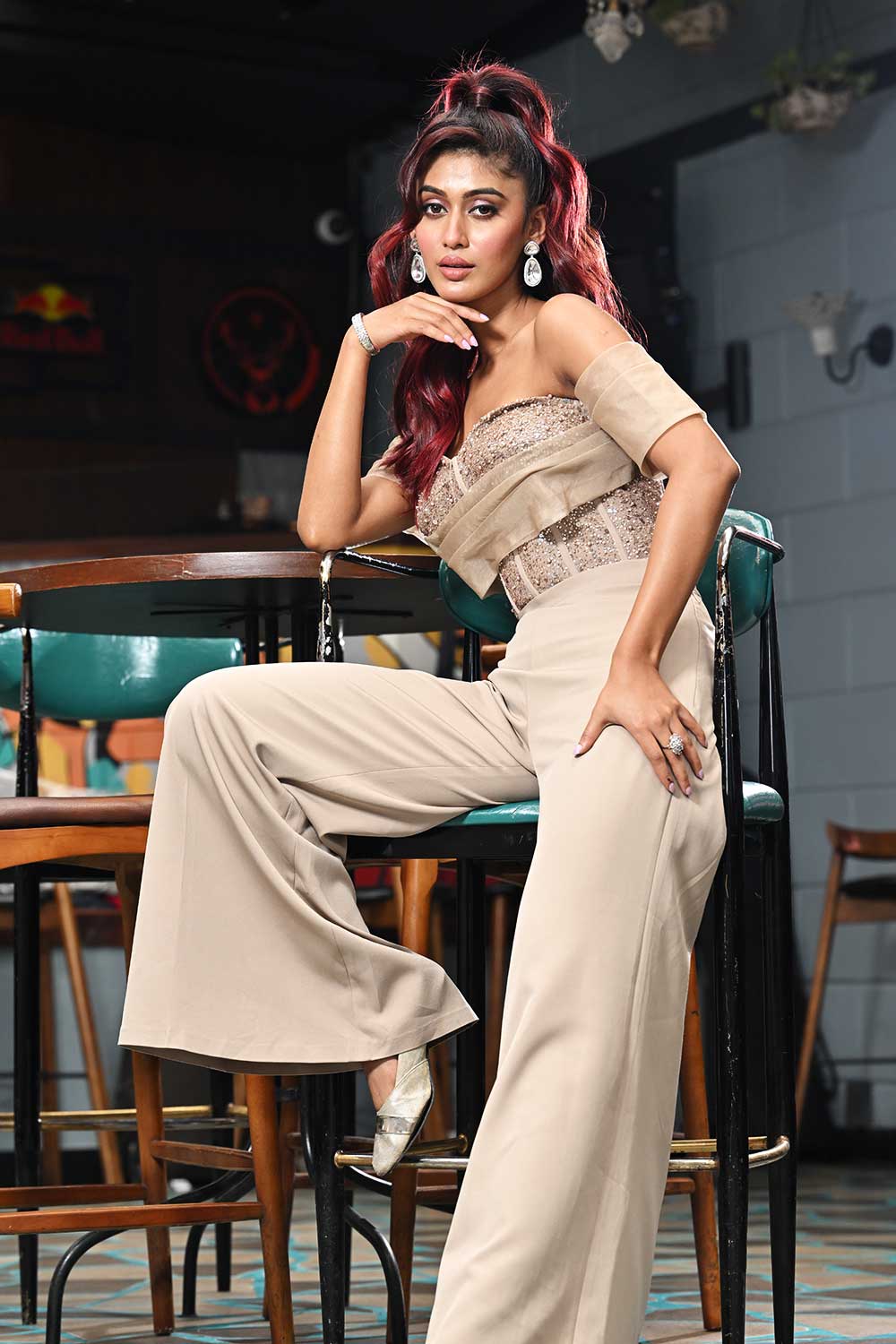Beige Organza Choli Palazzo Set with Embellished Corset