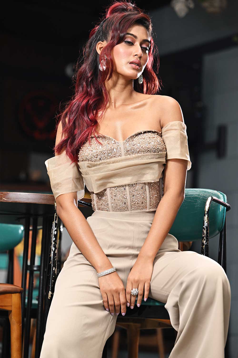 Beige Organza Choli Palazzo Set with Embellished Corset