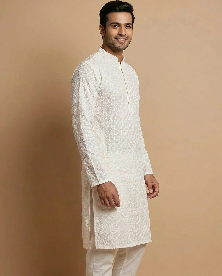 Men's Cotton Kurta Pyjama Set with Ethnic Collar Detail view 2