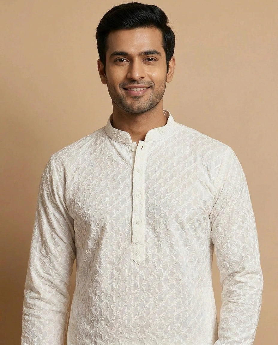 Men's Cotton Kurta Pyjama Set with Ethnic Collar Detail view 4