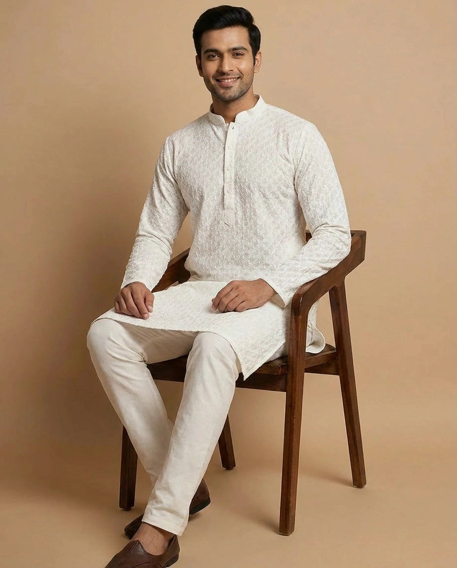 Men's Cotton Kurta Pyjama Set with Ethnic Collar Detail view 5