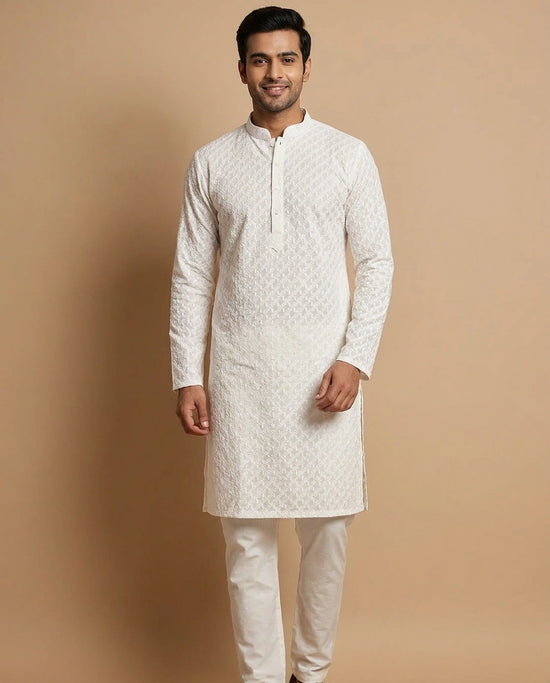 White Men's Cotton Kurta Pyjama Set with Ethnic Collar Detail