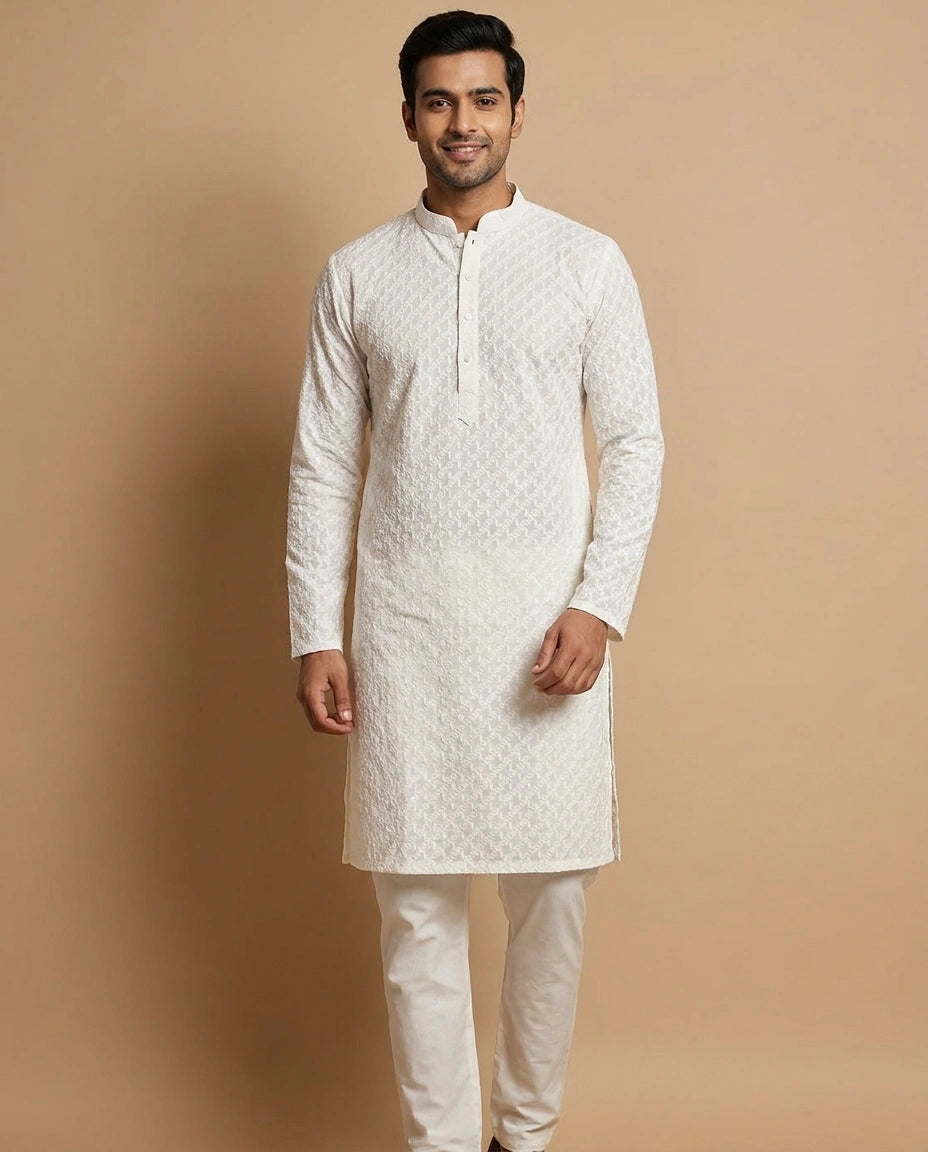White Men's Cotton Kurta Pyjama Set with Ethnic Collar Detail