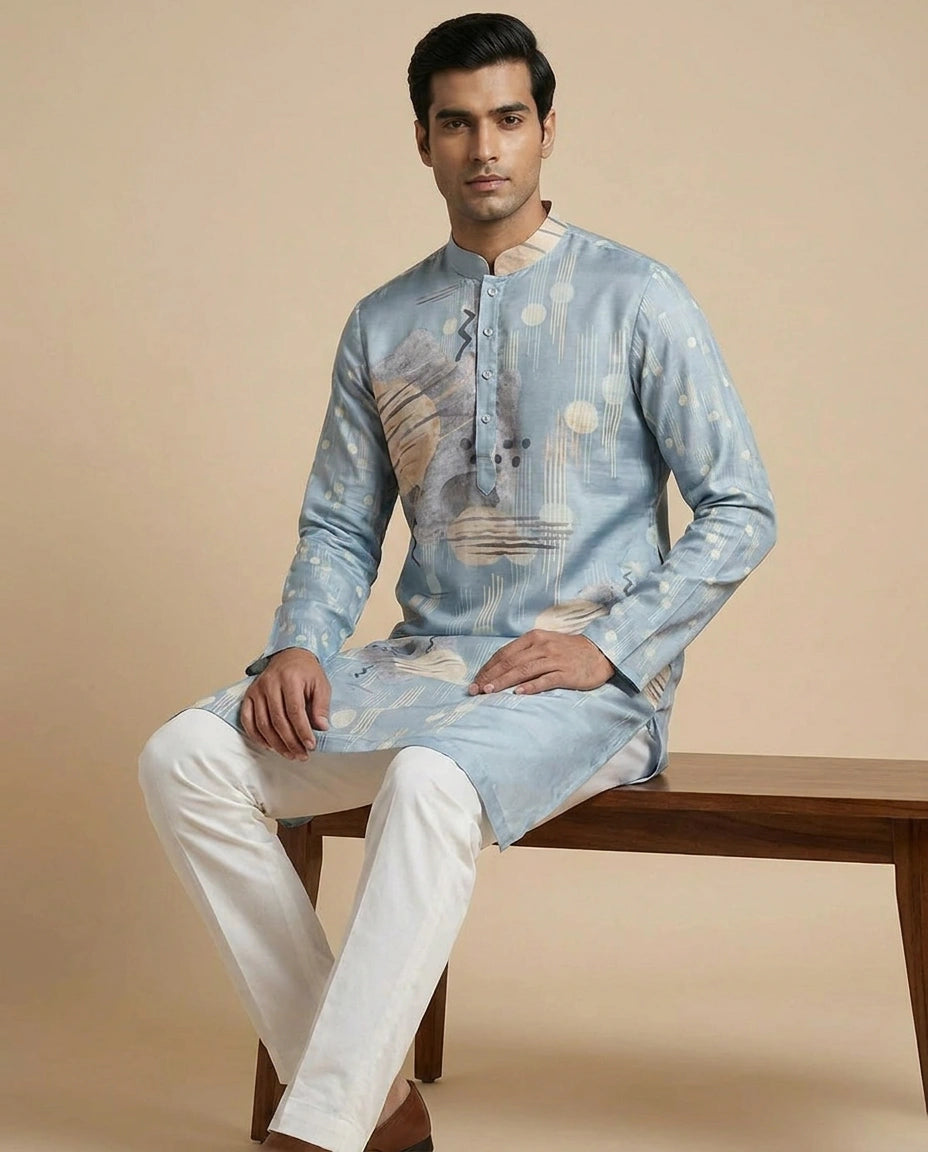 Blue Peach Cotton Kurta Set for Casual Puja Wear