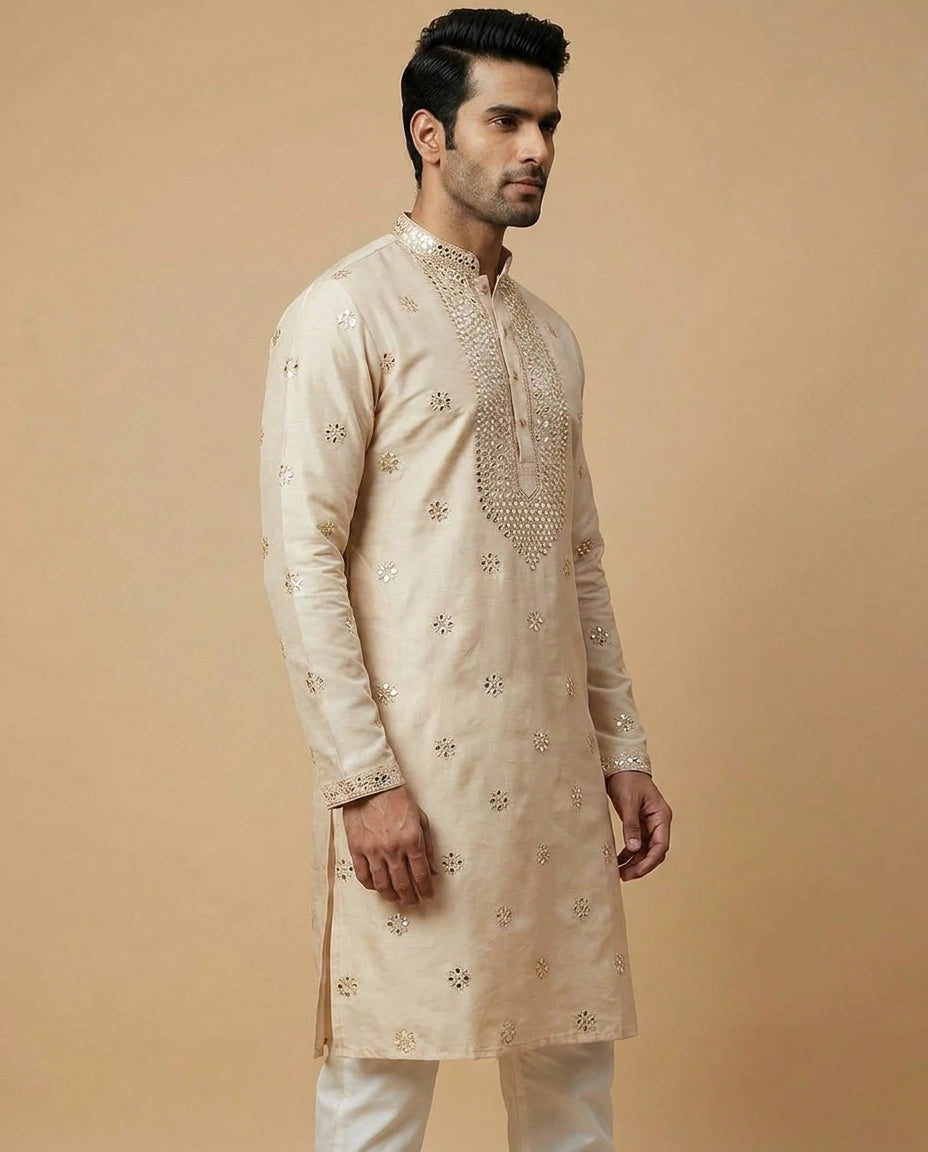 Cream Off White Cotton Kurta Set for Festive Occasions