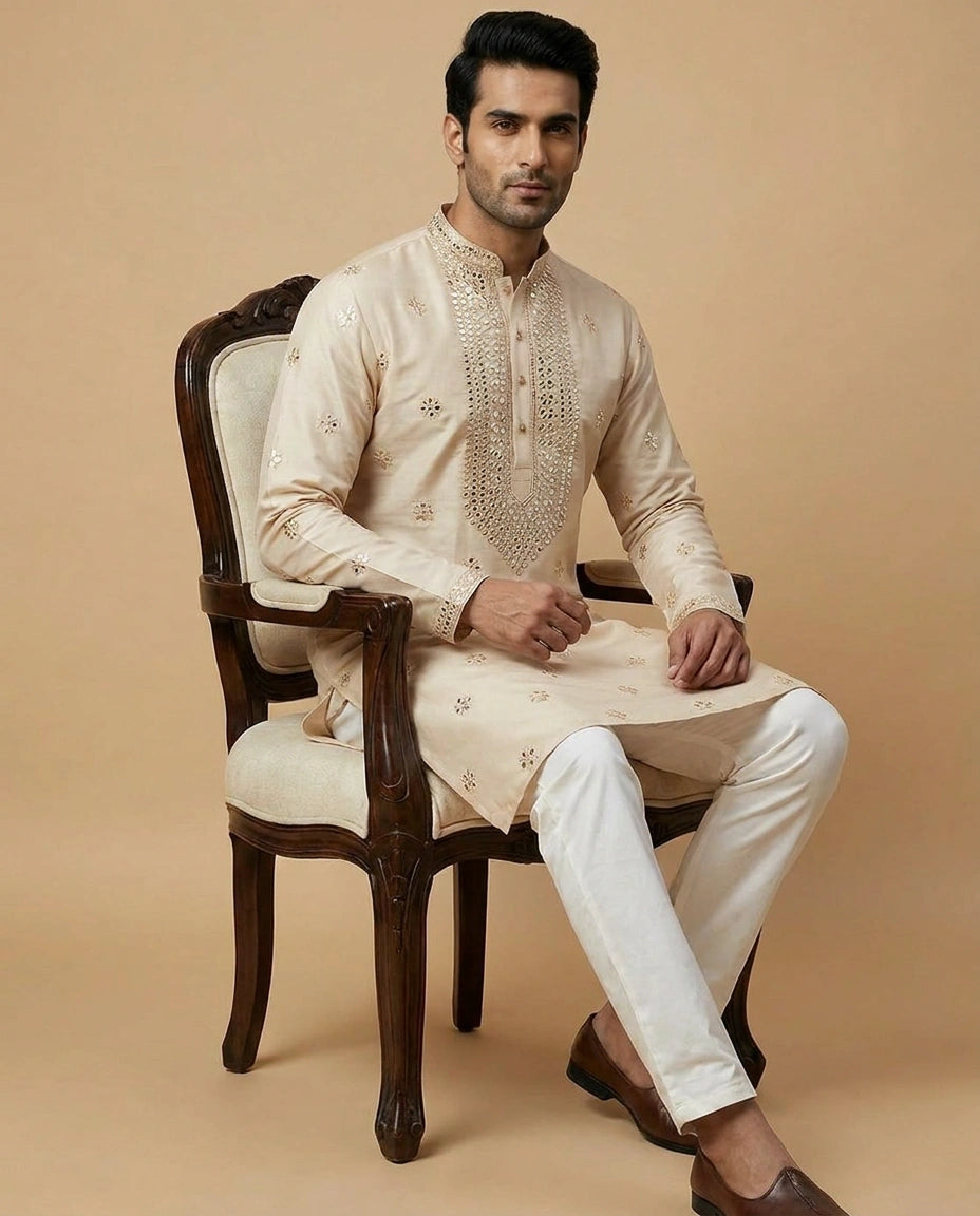 Cream Off White Cotton Kurta Set for Festive Occasions