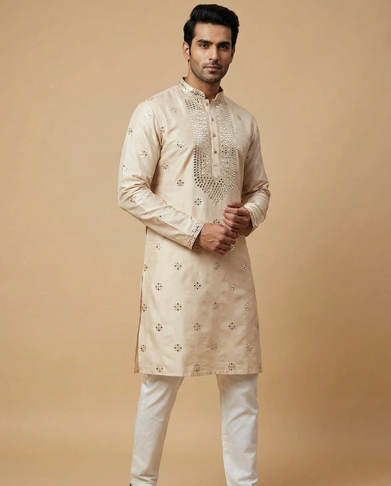 Cream Off White Cotton Kurta Set for Festive Occasions
