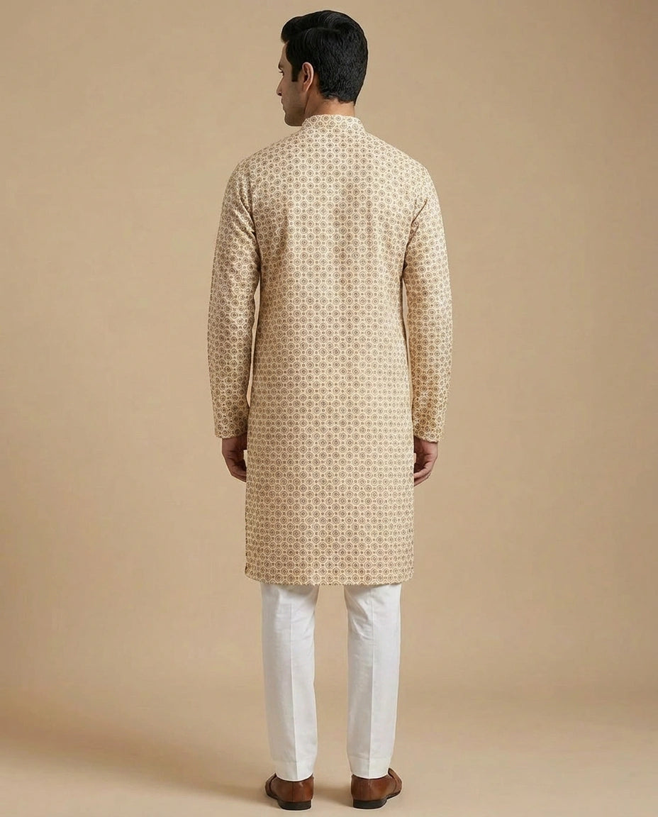 Off White Peach Cotton Kurta Set for Daily Puja Wear