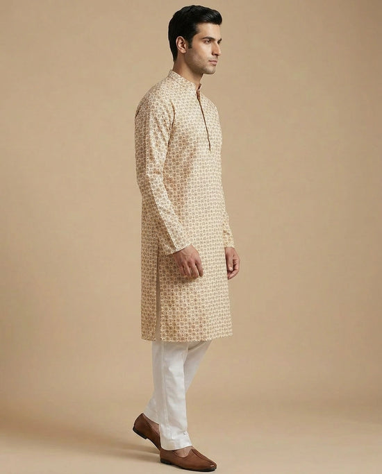 Off White Peach Cotton Kurta Set for Daily Puja Wear