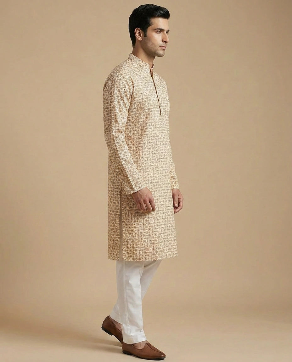 Off White Peach Cotton Kurta Set for Daily Puja Wear