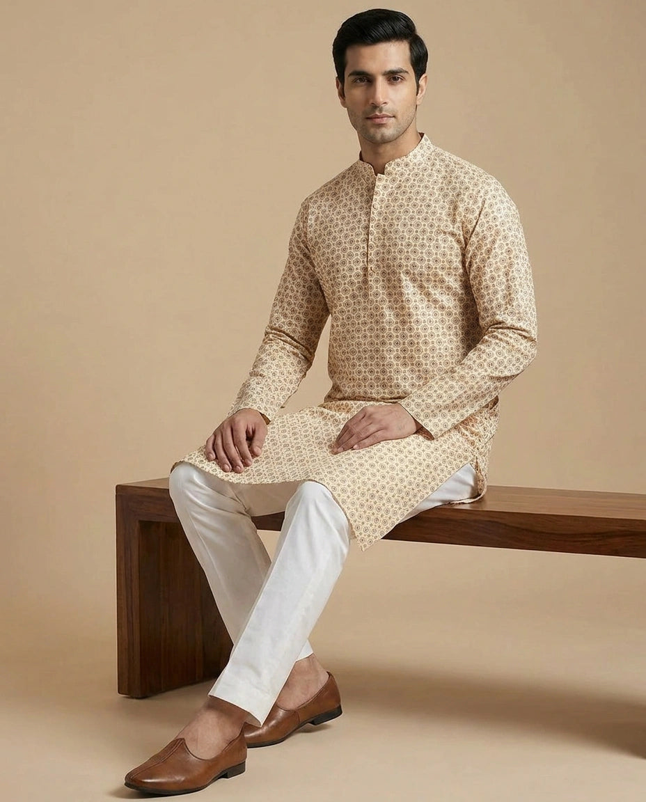 Off White Peach Cotton Kurta Set for Daily Puja Wear