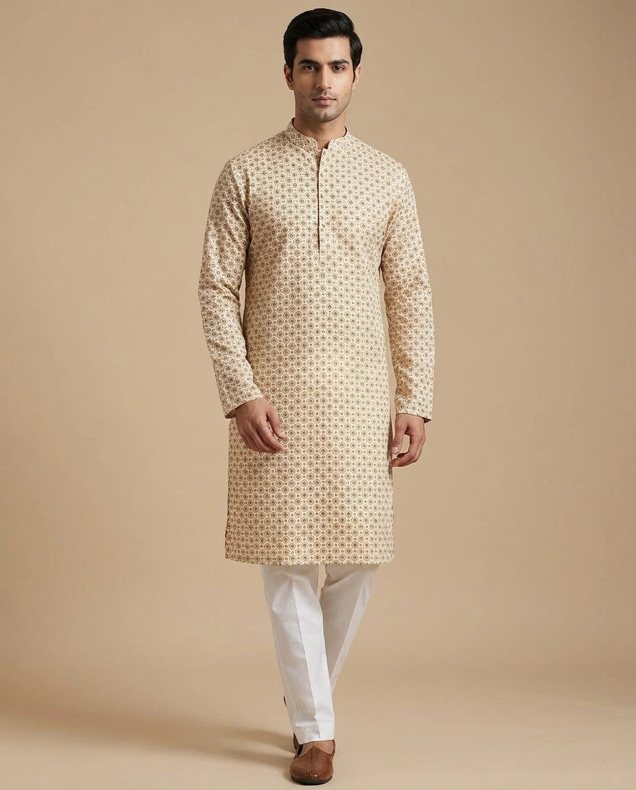 Off White Peach Cotton Kurta Set for Daily Puja Wear