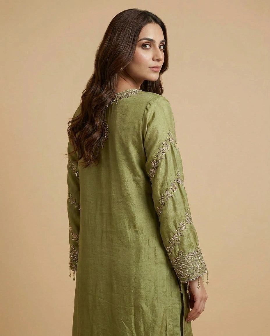 Pista Green Mauve Chinon Straight Suit Set for Festive