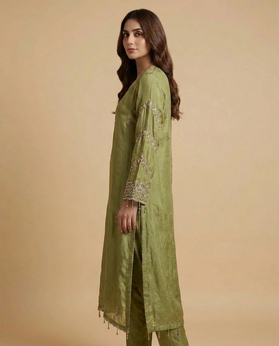 Pista Green Mauve Chinon Straight Suit Set for Festive