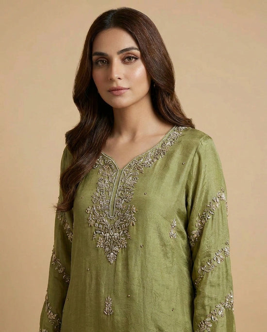 Pista Green Mauve Chinon Straight Suit Set for Festive