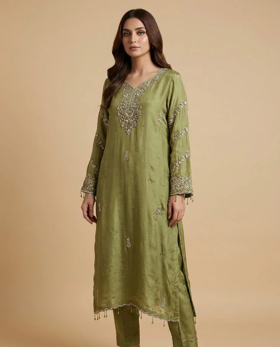 Pista Green Mauve Chinon Straight Suit Set for Festive