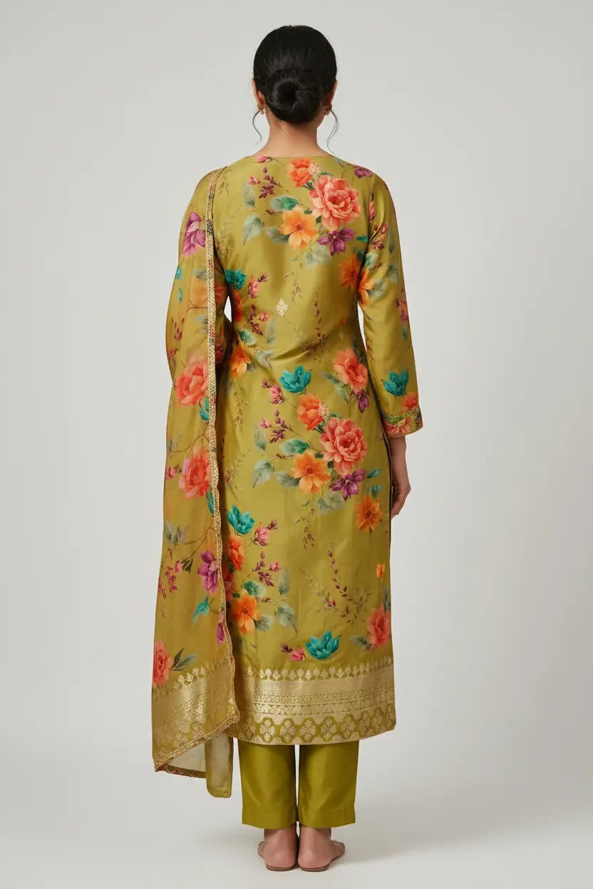 Woman wearing a green floral kurta with matching pants on a white background