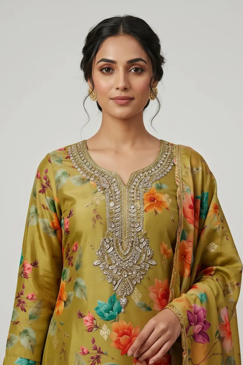 Woman wearing a green floral embroidered outfit on a plain background