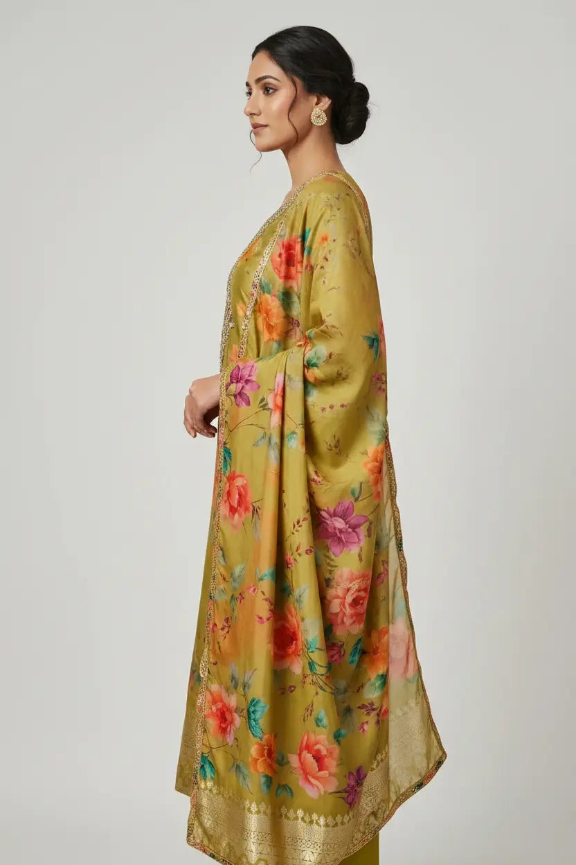 Woman wearing a yellow floral dress against a plain background