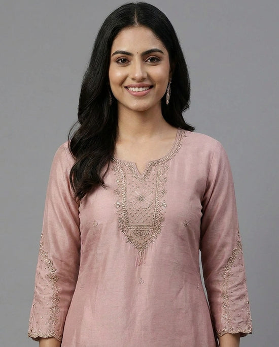 Mauve Pink Cotton Straight Suit with Embroidered Detail - Rangoli India
