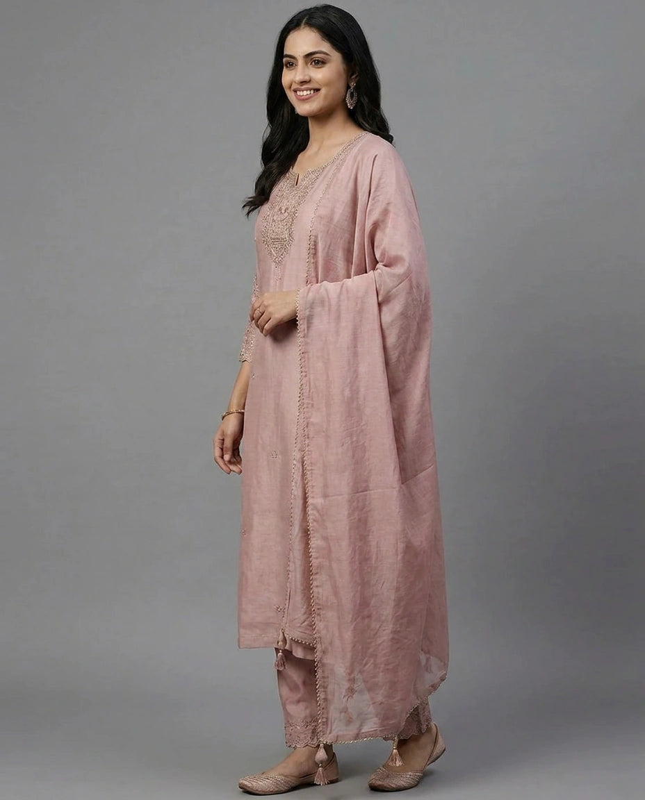 Mauve Pink Cotton Straight Suit with Embroidered Detail - Rangoli India