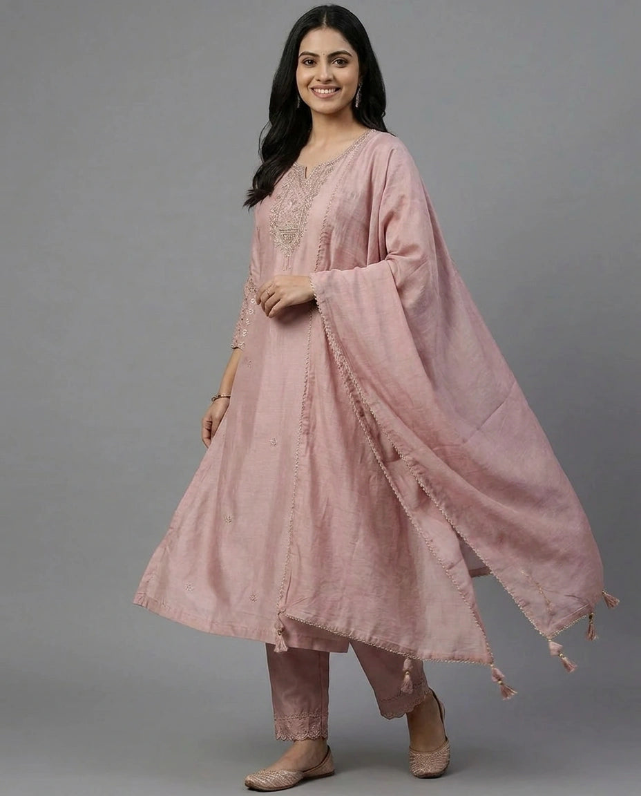 Mauve Pink Cotton Straight Suit with Embroidered Detail - Rangoli India
