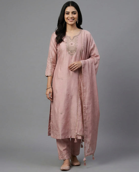 Mauve Pink Cotton Straight Suit with Embroidered Detail - Rangoli India