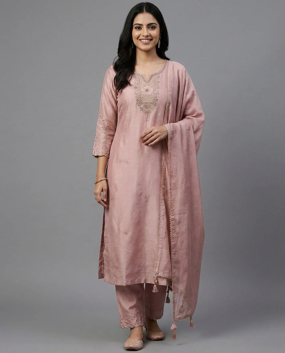 Mauve Pink Cotton Straight Suit with Embroidered Detail - Rangoli India