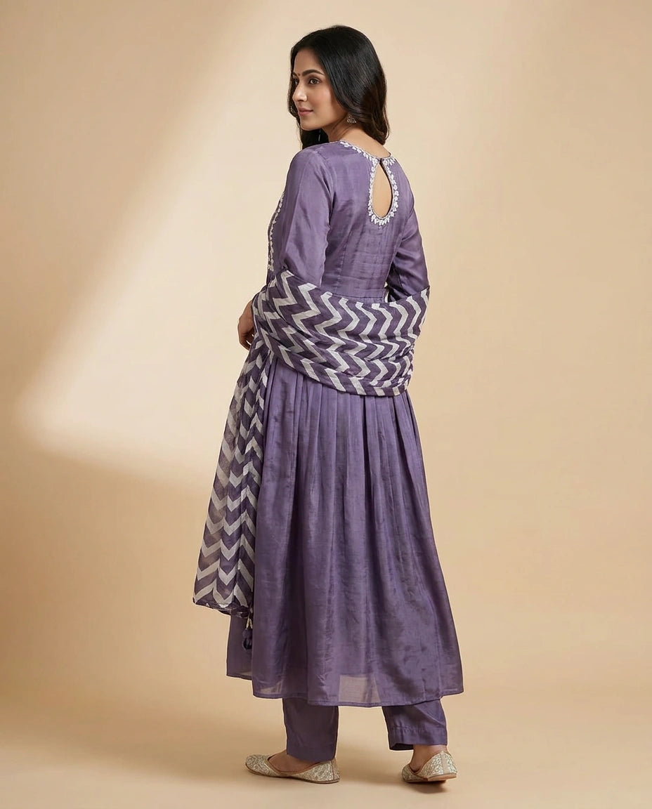 Lilac Chinon Straight Suit Set for Casual Festive Wear