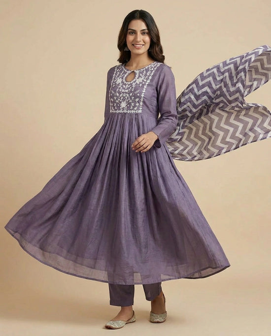Lilac Chinon Straight Suit Set for Casual Festive Wear
