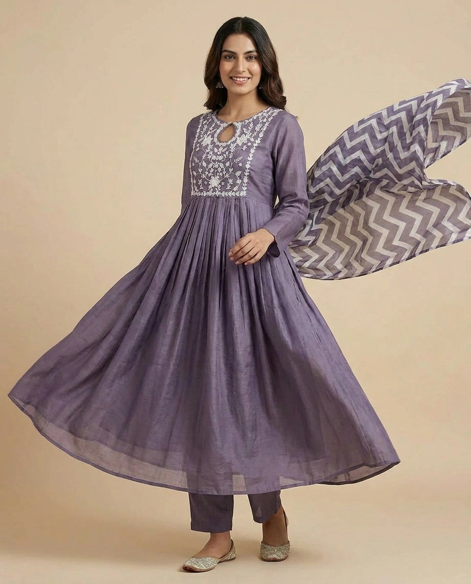 Lilac Chinon Straight Suit Set for Casual Festive Wear