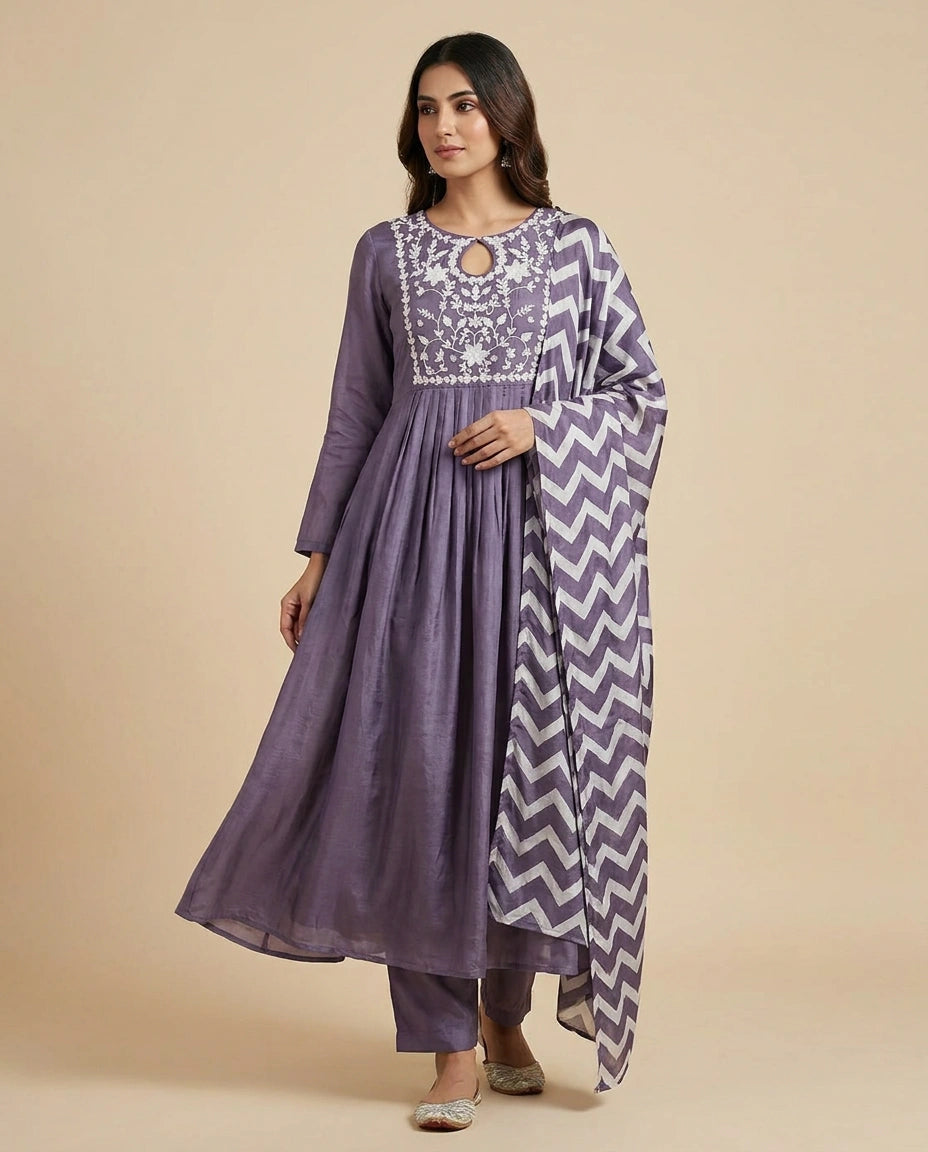 Lilac Chinon Straight Suit Set for Casual Festive Wear