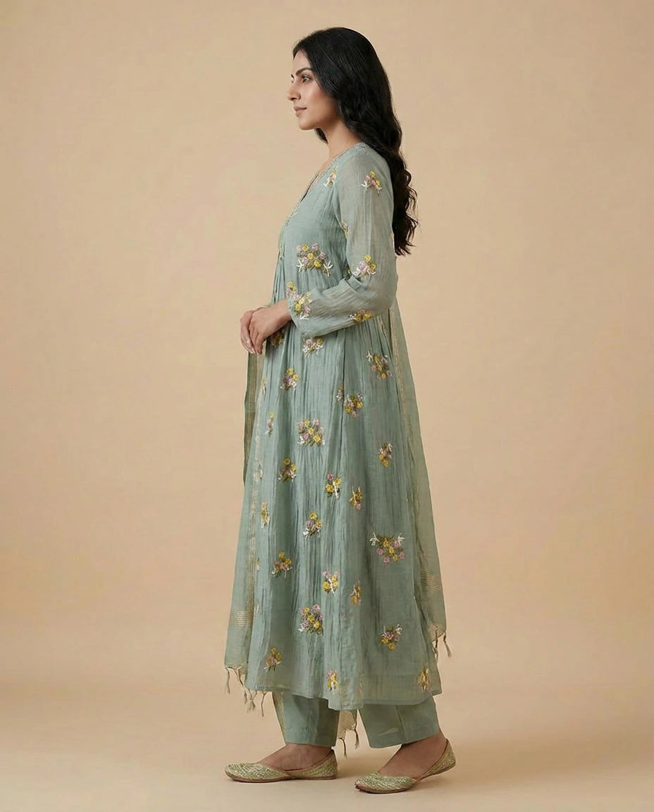 Firozi Blue Cotton A-Line Suit Set for Festive Wear