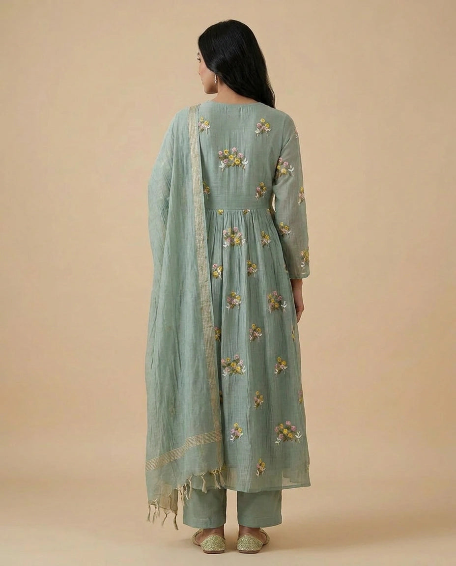 Firozi Blue Cotton A-Line Suit Set for Festive Wear