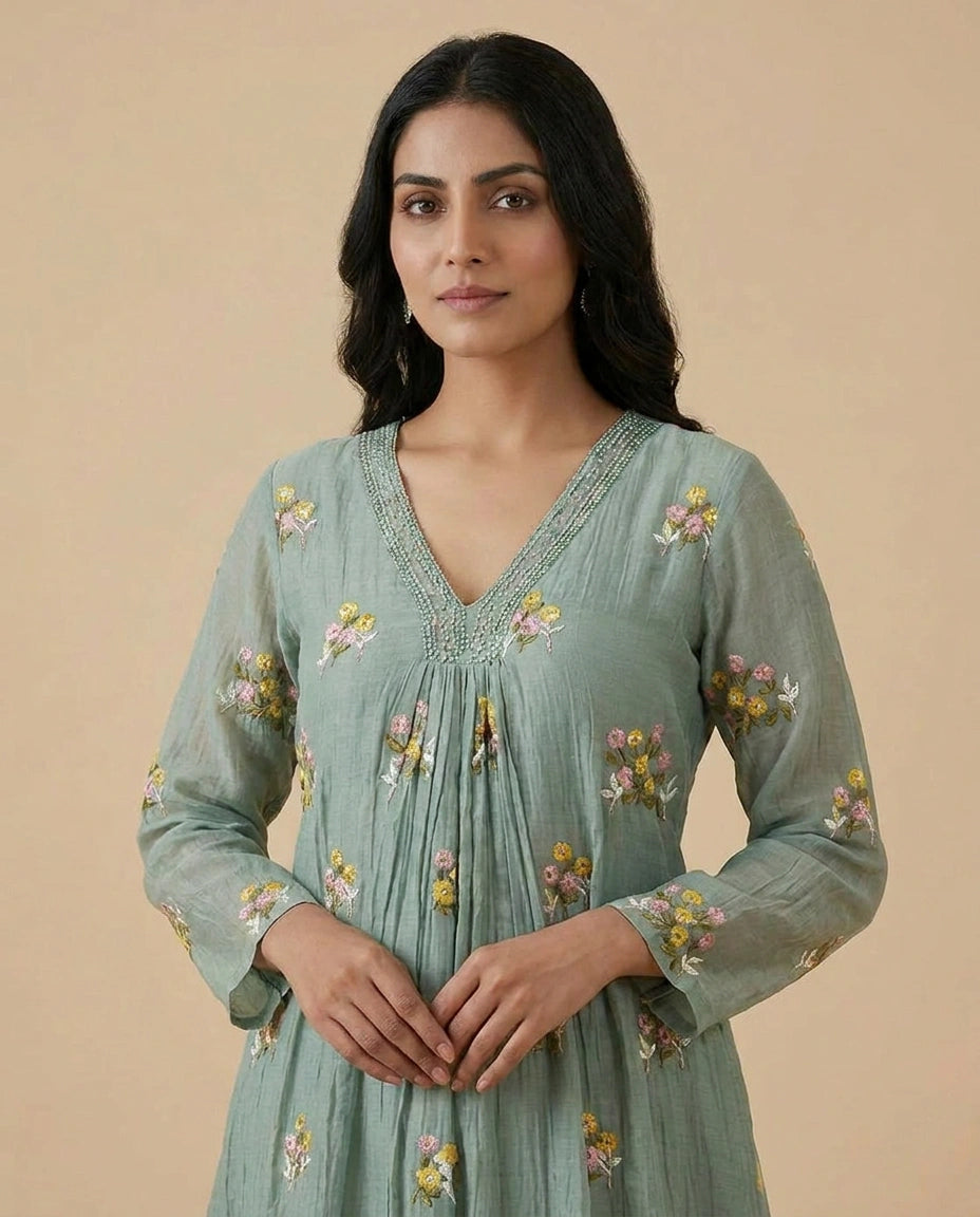 Firozi Blue Cotton A-Line Suit Set for Festive Wear