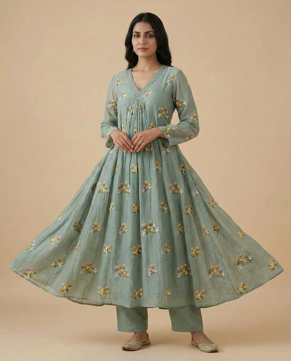 Firozi Blue Cotton A-Line Suit Set for Festive Wear