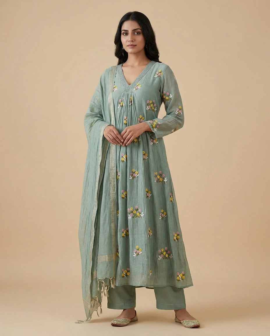 Firozi Blue Cotton A-Line Suit Set for Festive Wear