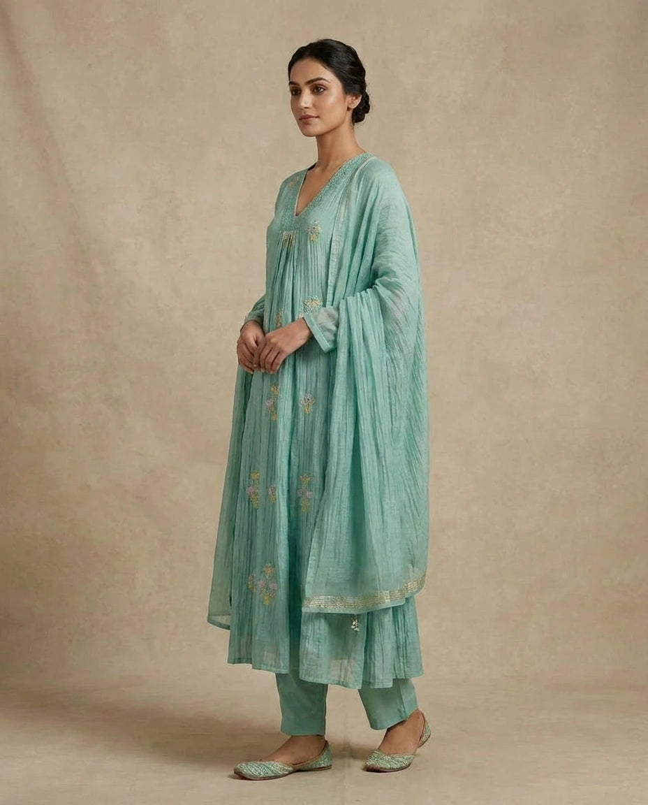 Sky Blue Cotton A-Line Suit Set for Festive Occasions