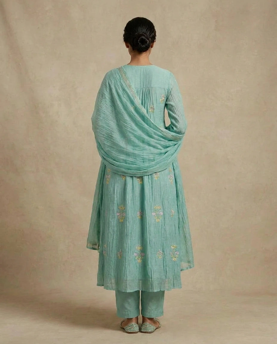 Sky Blue Cotton A-Line Suit Set for Festive Occasions